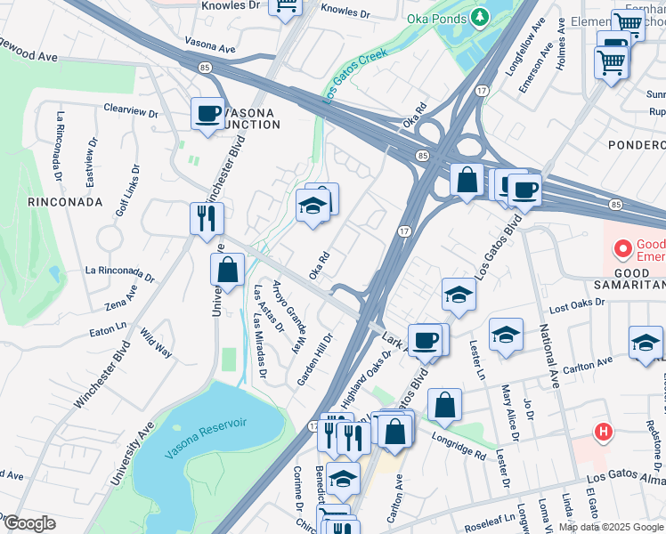map of restaurants, bars, coffee shops, grocery stores, and more near 14930 Oka Road in Los Gatos