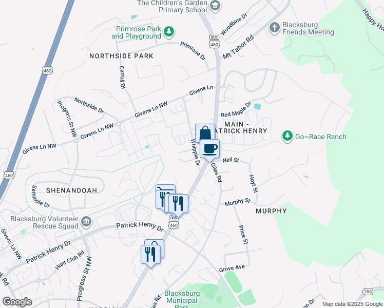 map of restaurants, bars, coffee shops, grocery stores, and more near 1509 Whipple Drive in Blacksburg