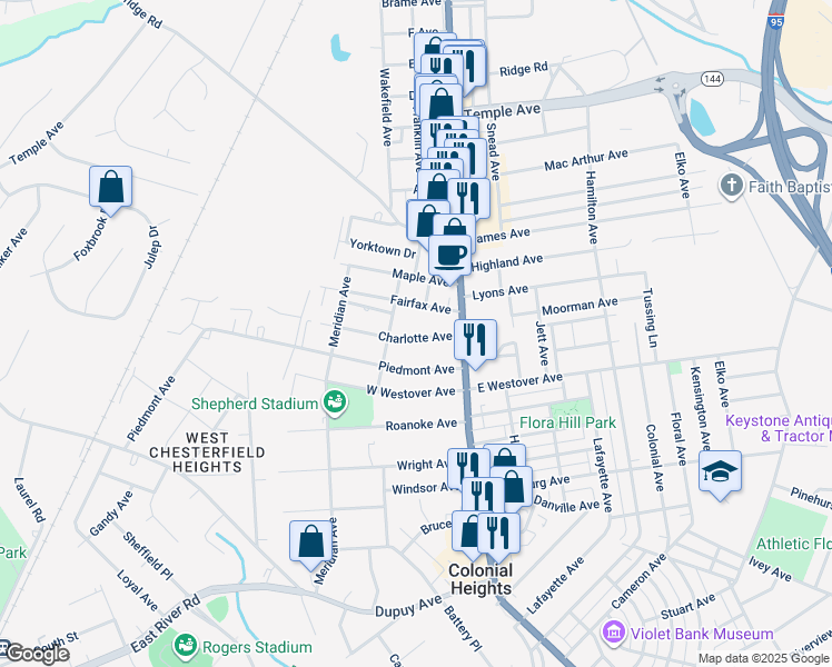 map of restaurants, bars, coffee shops, grocery stores, and more near 140 Charlotte Avenue in Colonial Heights