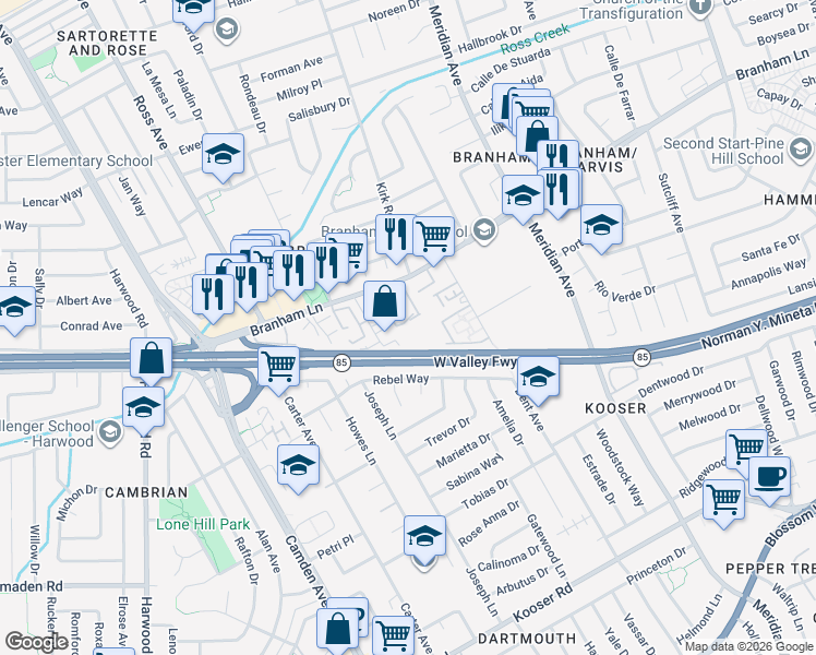 map of restaurants, bars, coffee shops, grocery stores, and more near 15010 Paseo Tranquillo in San Jose