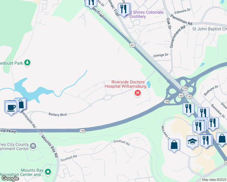 map of restaurants, bars, coffee shops, grocery stores, and more near 3999 Battery Boulevard in Williamsburg