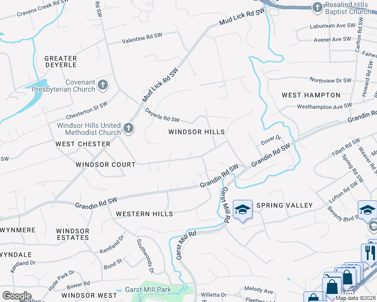 map of restaurants, bars, coffee shops, grocery stores, and more near 3422 Windsor Road in Roanoke