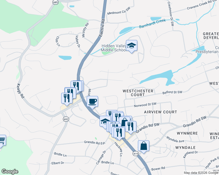 map of restaurants, bars, coffee shops, grocery stores, and more near 5142 Greenfield Street Southwest in Roanoke