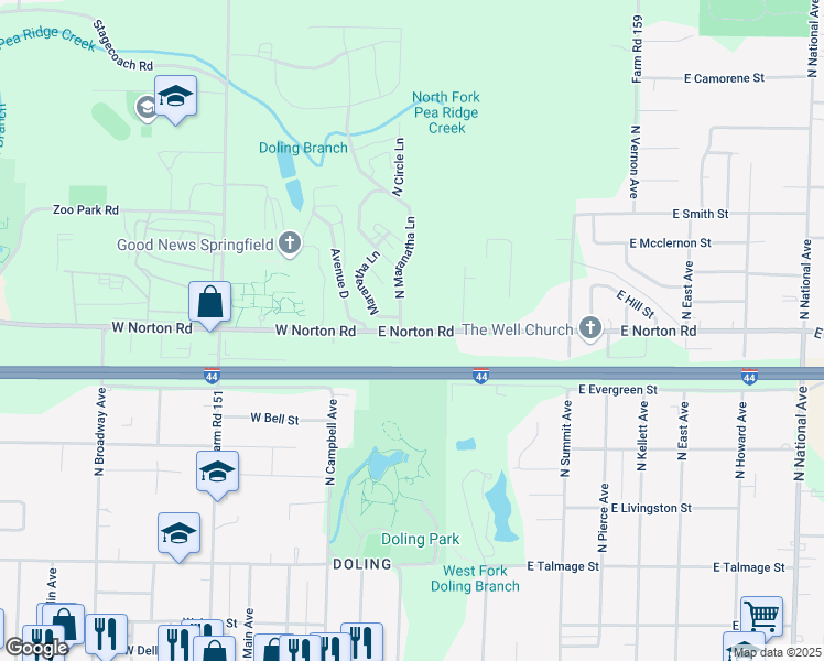 map of restaurants, bars, coffee shops, grocery stores, and more near 238 East Norton Road in Springfield