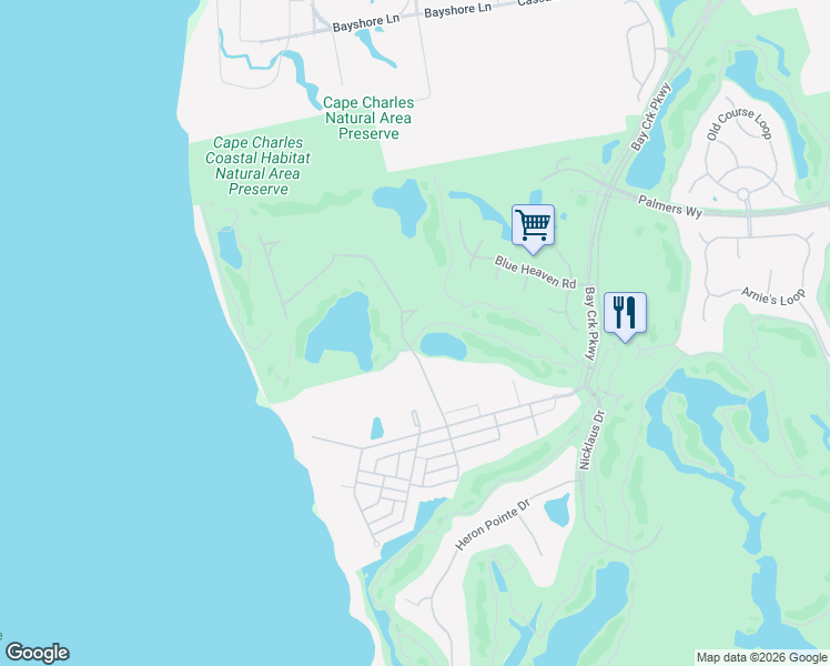 map of restaurants, bars, coffee shops, grocery stores, and more near Bayside Avenue in Cape Charles