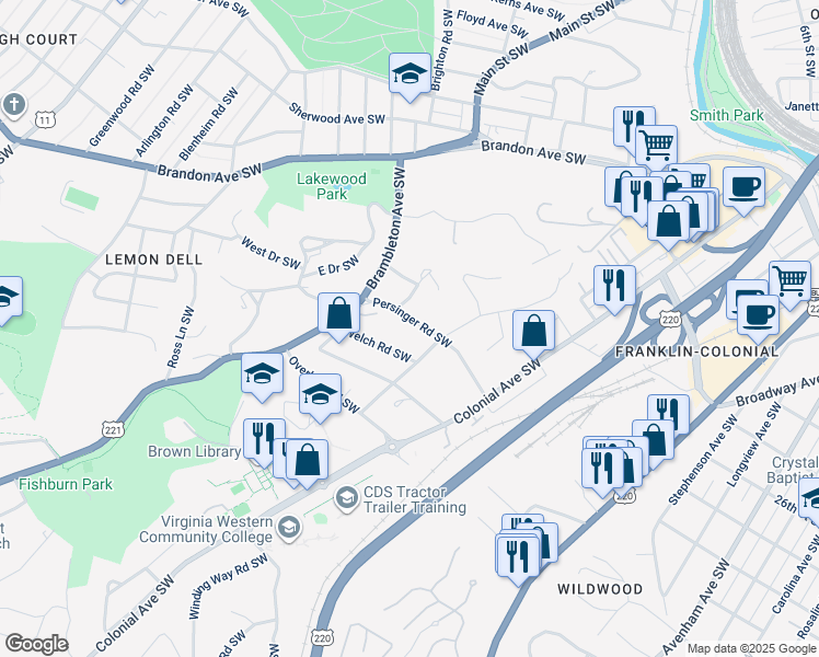 map of restaurants, bars, coffee shops, grocery stores, and more near 1130 Persinger Road Southwest in Roanoke