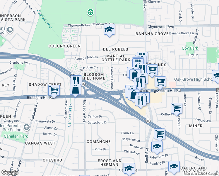 map of restaurants, bars, coffee shops, grocery stores, and more near 405 Don Fernando Way in San Jose
