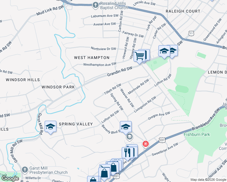 map of restaurants, bars, coffee shops, grocery stores, and more near 2524 Spring Road Southwest in Roanoke