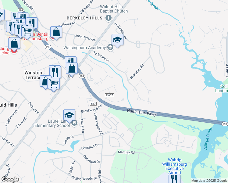 map of restaurants, bars, coffee shops, grocery stores, and more near 116 Brockton Court in Williamsburg