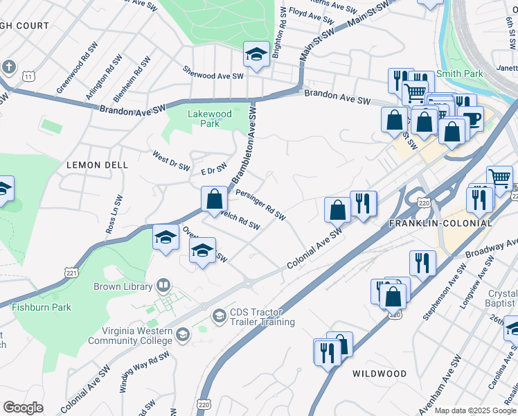 map of restaurants, bars, coffee shops, grocery stores, and more near 1130 Persinger Road Southwest in Roanoke