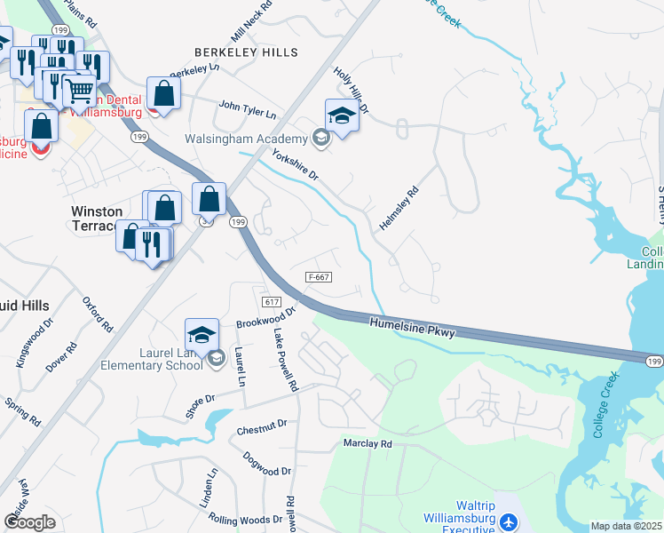 map of restaurants, bars, coffee shops, grocery stores, and more near 116 Brockton Court in Williamsburg