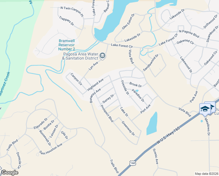 map of restaurants, bars, coffee shops, grocery stores, and more near 70 Homestead Drive in Pagosa Springs