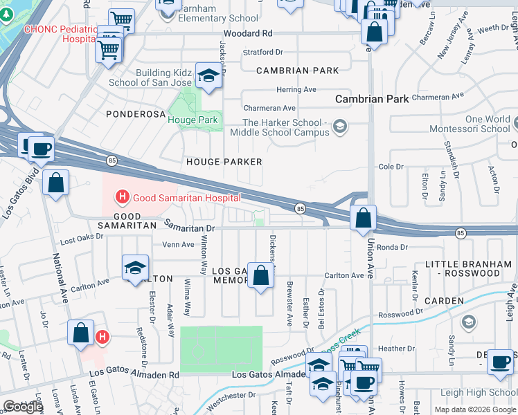 map of restaurants, bars, coffee shops, grocery stores, and more near 4798 Portola Redwood Lane in San Jose
