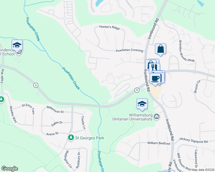 map of restaurants, bars, coffee shops, grocery stores, and more near 3111 Pristine VW in Williamsburg