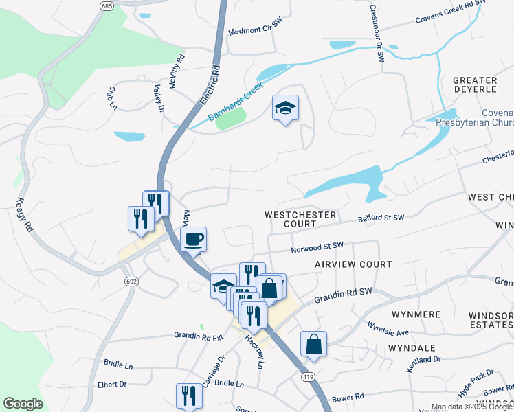map of restaurants, bars, coffee shops, grocery stores, and more near 1741 Driftwood Lane Southwest in Roanoke