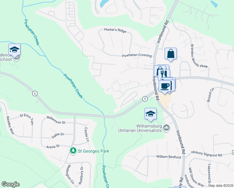 map of restaurants, bars, coffee shops, grocery stores, and more near 3111 Pristine View in Williamsburg