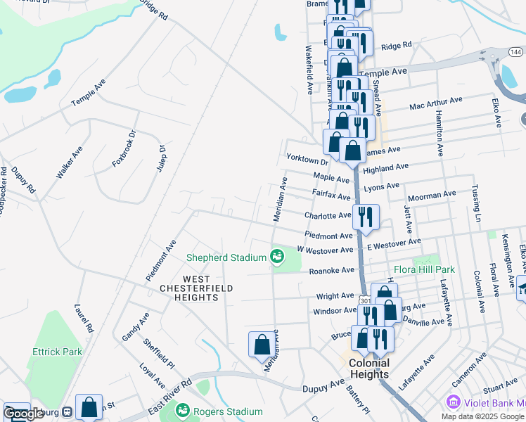 map of restaurants, bars, coffee shops, grocery stores, and more near 303 Piedmont Avenue in Colonial Heights
