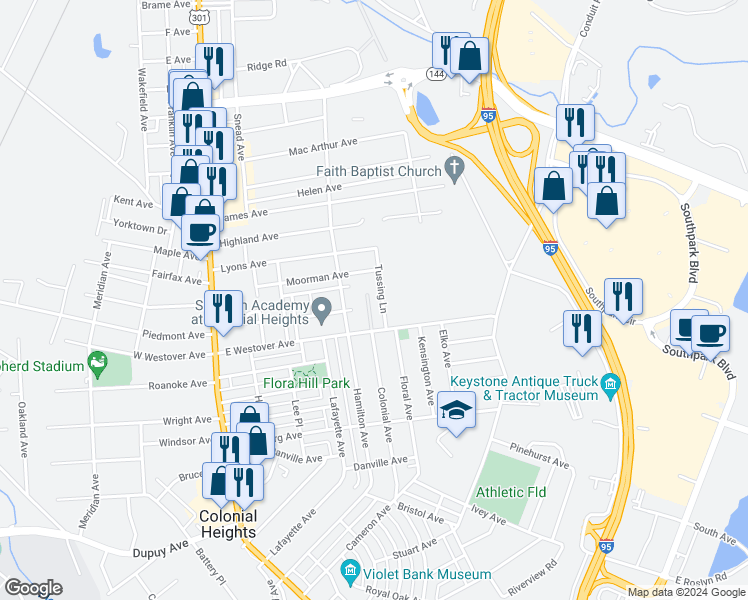 map of restaurants, bars, coffee shops, grocery stores, and more near 900 East Westover Avenue in Colonial Heights