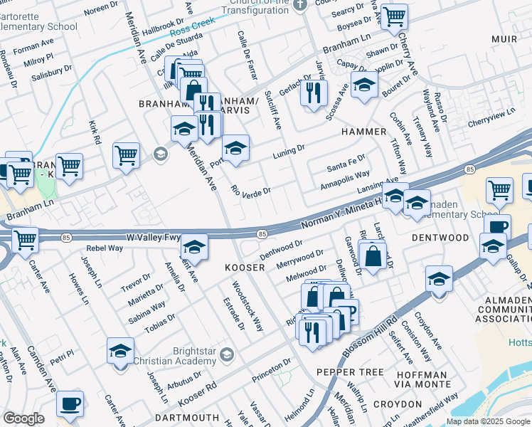 map of restaurants, bars, coffee shops, grocery stores, and more near 5146 El Roble Court in San Jose