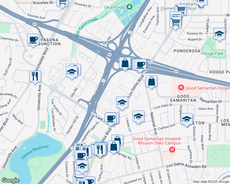 map of restaurants, bars, coffee shops, grocery stores, and more near 14955 Los Gatos Boulevard in Los Gatos
