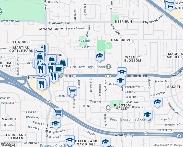 map of restaurants, bars, coffee shops, grocery stores, and more near 324 Blossom Hill Road in San Jose