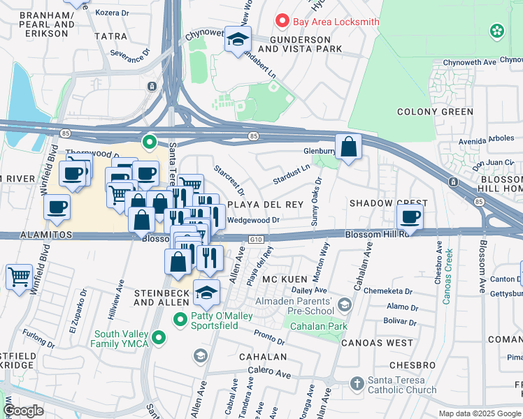 map of restaurants, bars, coffee shops, grocery stores, and more near 827 Blossom Hill Road in San Jose