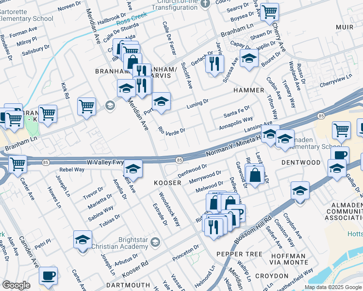 map of restaurants, bars, coffee shops, grocery stores, and more near 5146 El Roble Court in San Jose