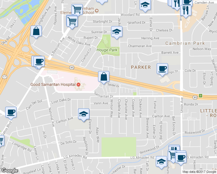 map of restaurants, bars, coffee shops, grocery stores, and more near 2333 Saidel Drive in San Jose