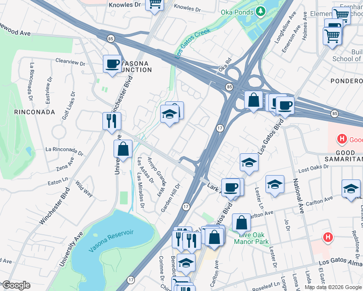 map of restaurants, bars, coffee shops, grocery stores, and more near 16605 Lark Avenue in Los Gatos