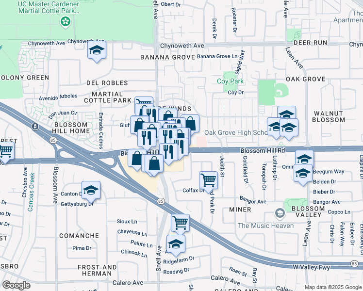 map of restaurants, bars, coffee shops, grocery stores, and more near 400 Blossom Hill Road in San Jose
