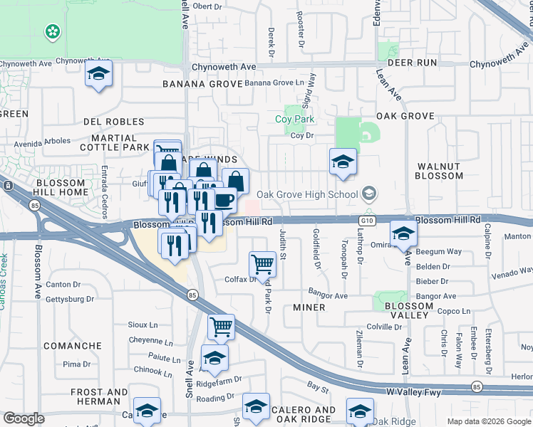 map of restaurants, bars, coffee shops, grocery stores, and more near 5613 Judith Street in San Jose