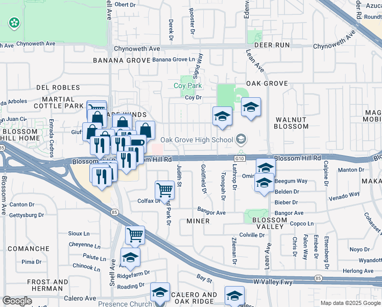 map of restaurants, bars, coffee shops, grocery stores, and more near 341 Blossom Hill Road in San Jose