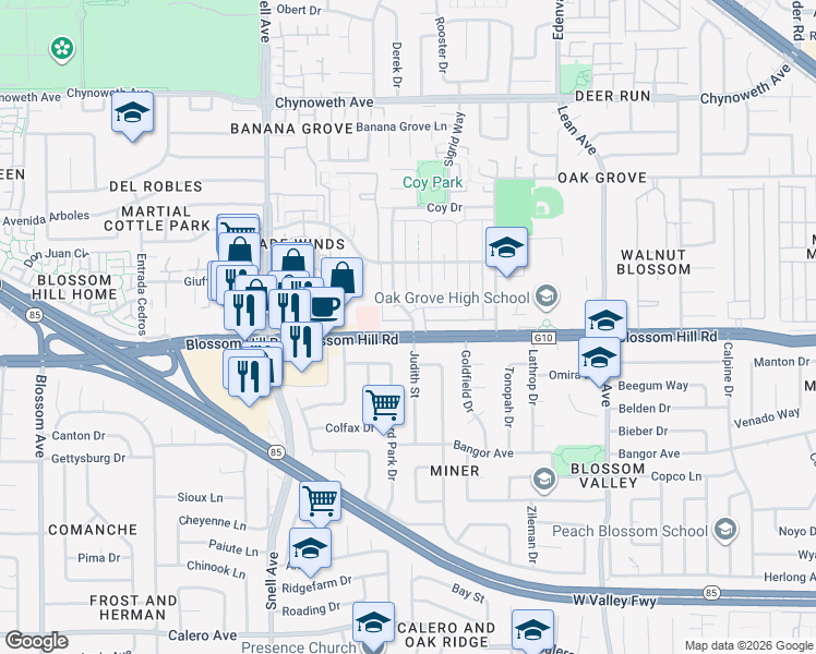 map of restaurants, bars, coffee shops, grocery stores, and more near 353 Blossom Hill Road in San Jose