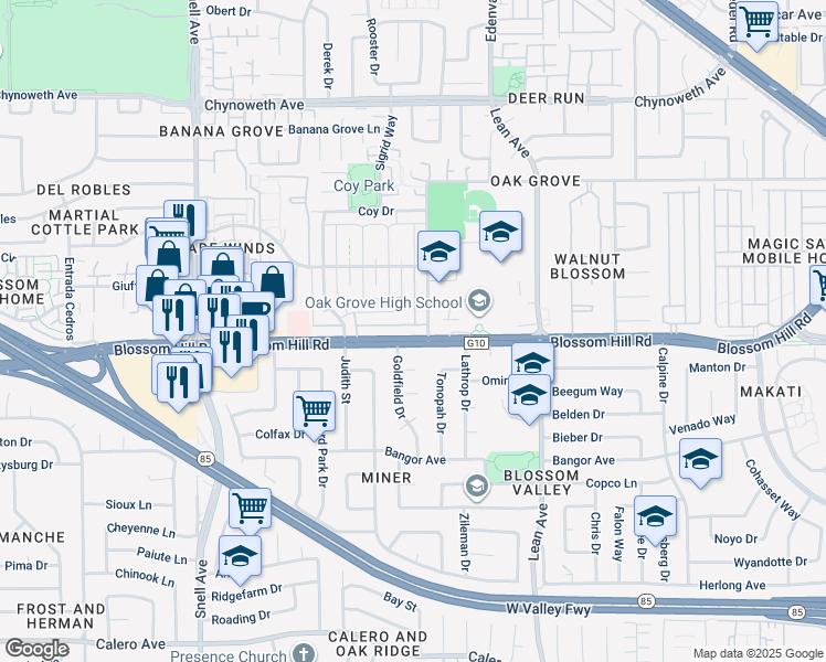 map of restaurants, bars, coffee shops, grocery stores, and more near 323 Blossom Hill Road in San Jose