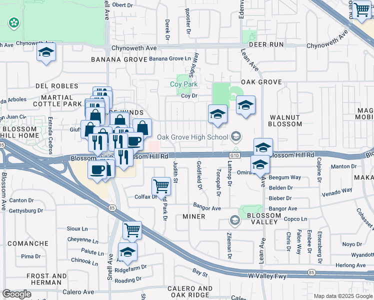 map of restaurants, bars, coffee shops, grocery stores, and more near 341 Blossom Hill Road in San Jose
