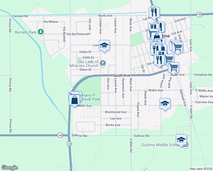 map of restaurants, bars, coffee shops, grocery stores, and more near 660 Elm Avenue in Gustine