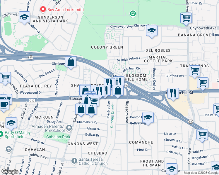 map of restaurants, bars, coffee shops, grocery stores, and more near 5548 Chesbro Avenue in San Jose