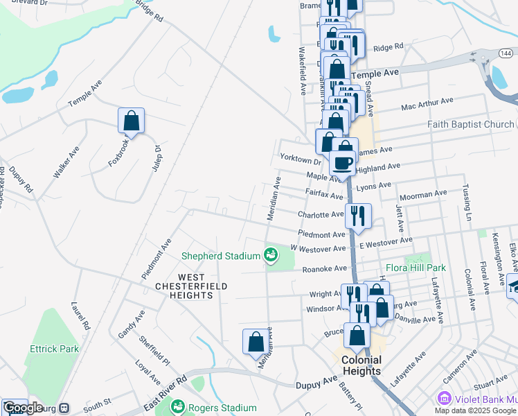 map of restaurants, bars, coffee shops, grocery stores, and more near 307 Charlotte Avenue in Colonial Heights