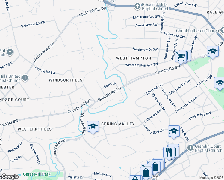 map of restaurants, bars, coffee shops, grocery stores, and more near 3019 Grandin Road Southwest in Roanoke