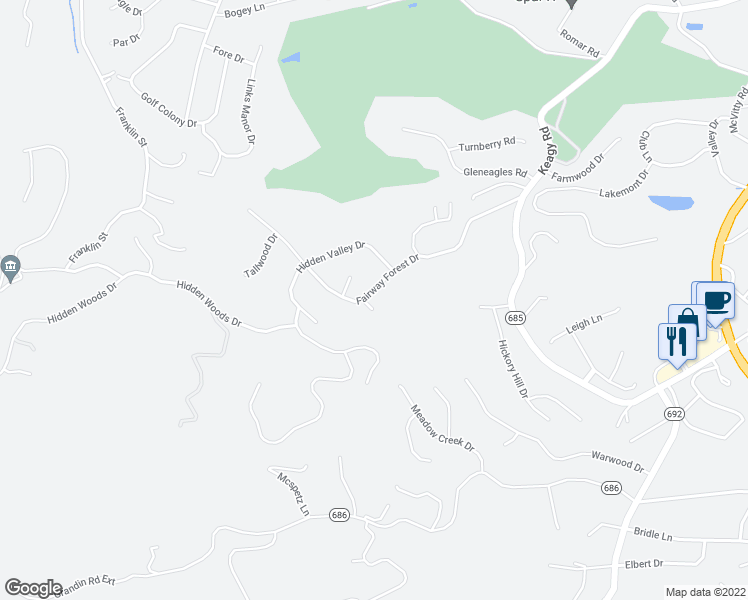 map of restaurants, bars, coffee shops, grocery stores, and more near 6260 Fairway Forest Drive in Roanoke