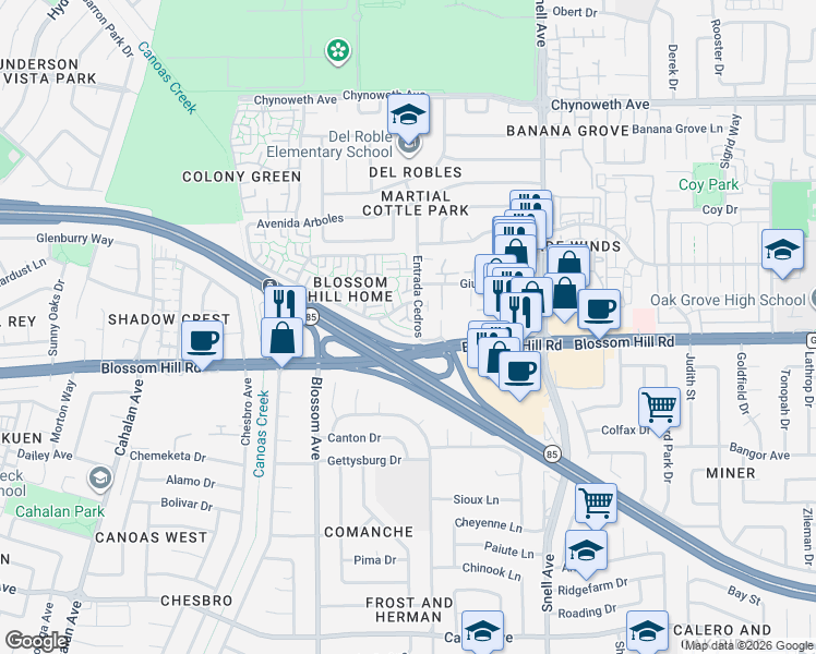 map of restaurants, bars, coffee shops, grocery stores, and more near 5555 Entrada Cedros in San Jose