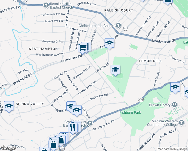 map of restaurants, bars, coffee shops, grocery stores, and more near 2624 Guilford Avenue Southwest in Roanoke