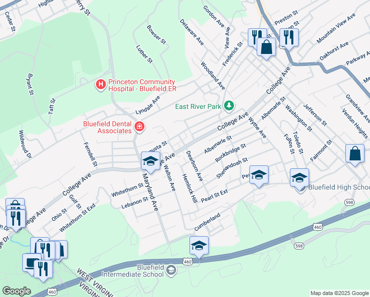 map of restaurants, bars, coffee shops, grocery stores, and more near 1809 Dearborn Avenue in Bluefield