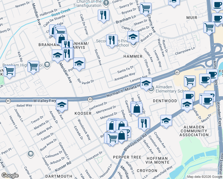 map of restaurants, bars, coffee shops, grocery stores, and more near 1448 Lansing Avenue in San Jose