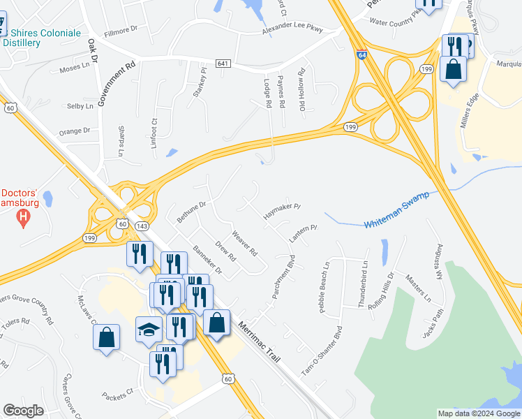 map of restaurants, bars, coffee shops, grocery stores, and more near 902 Parchment Boulevard in Williamsburg