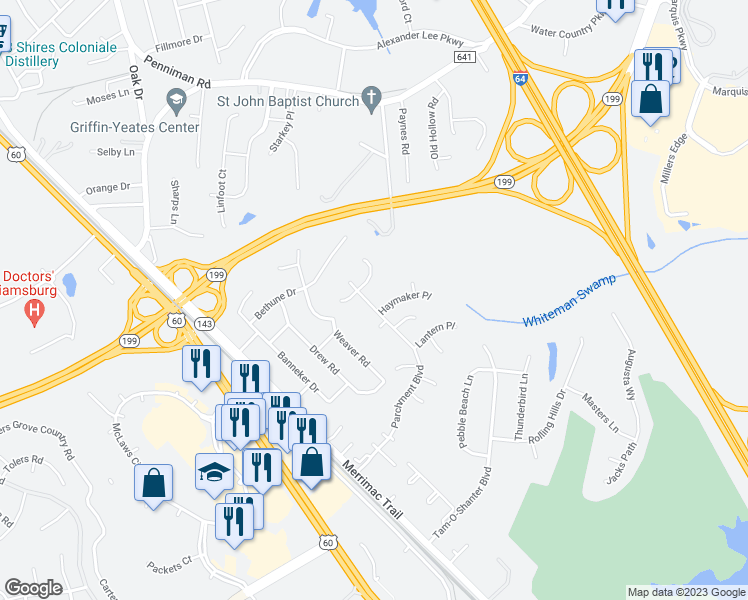 map of restaurants, bars, coffee shops, grocery stores, and more near 902 Parchment Boulevard in Williamsburg