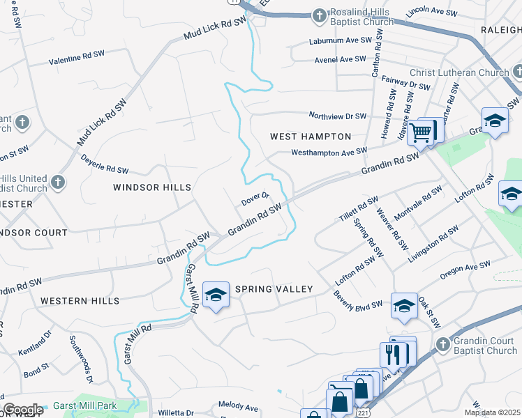 map of restaurants, bars, coffee shops, grocery stores, and more near 3019 Grandin Road Southwest in Roanoke