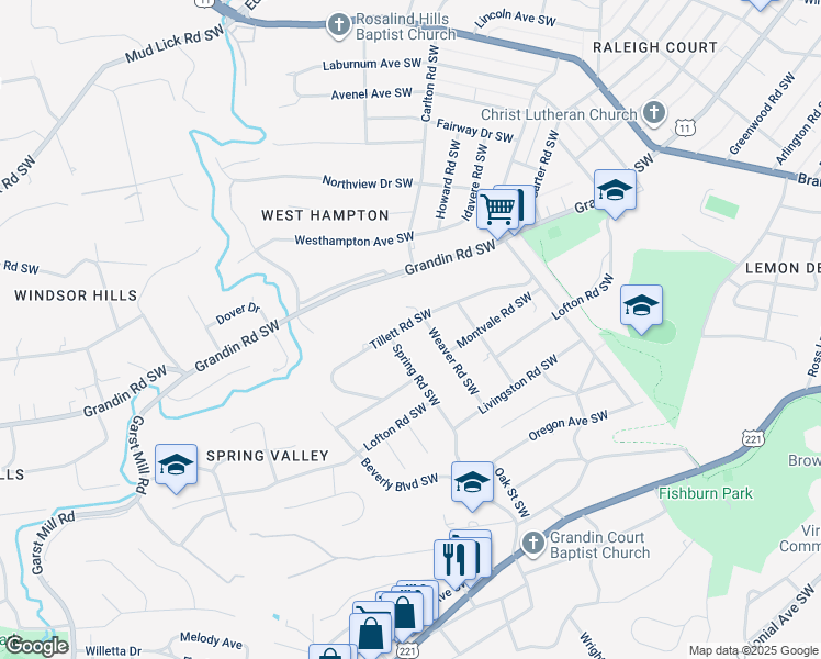 map of restaurants, bars, coffee shops, grocery stores, and more near 2614 Tillett Road Southwest in Roanoke
