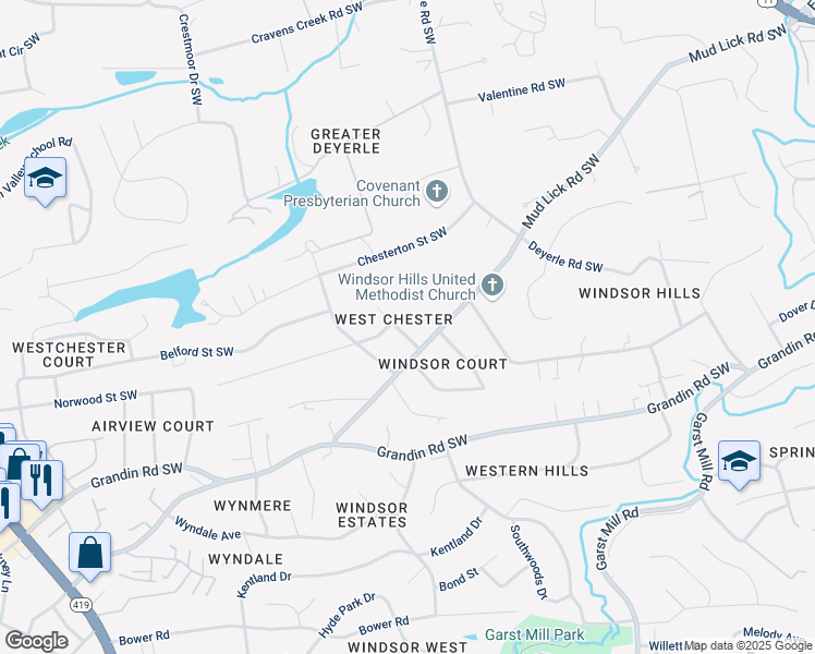map of restaurants, bars, coffee shops, grocery stores, and more near 1936 Aberdeen Avenue Southwest in Roanoke