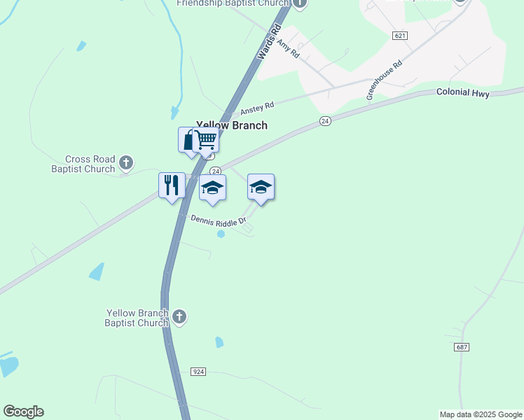 map of restaurants, bars, coffee shops, grocery stores, and more near 194 Dennis Riddle Drive in Rustburg